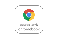 Works with Chromebook badge — Chrome logo above the text 'works with Chromebook' inside a rounded square.