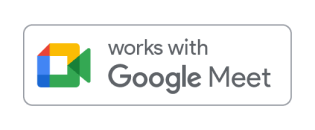Works with Google Meet badge — Google Meet camera icon left of the text 'works with Google Meet' inside a rounded rectangle.