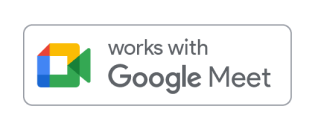 Works with Google Meet badge — Google Meet camera icon left of the text 'works with Google Meet' inside a rounded rectangle.