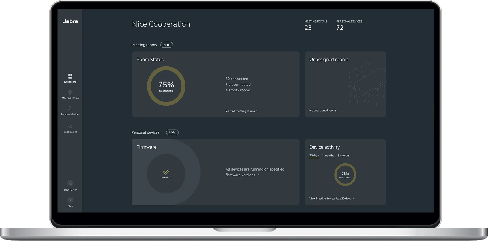 Dashboard view of Jabra device and room management software
