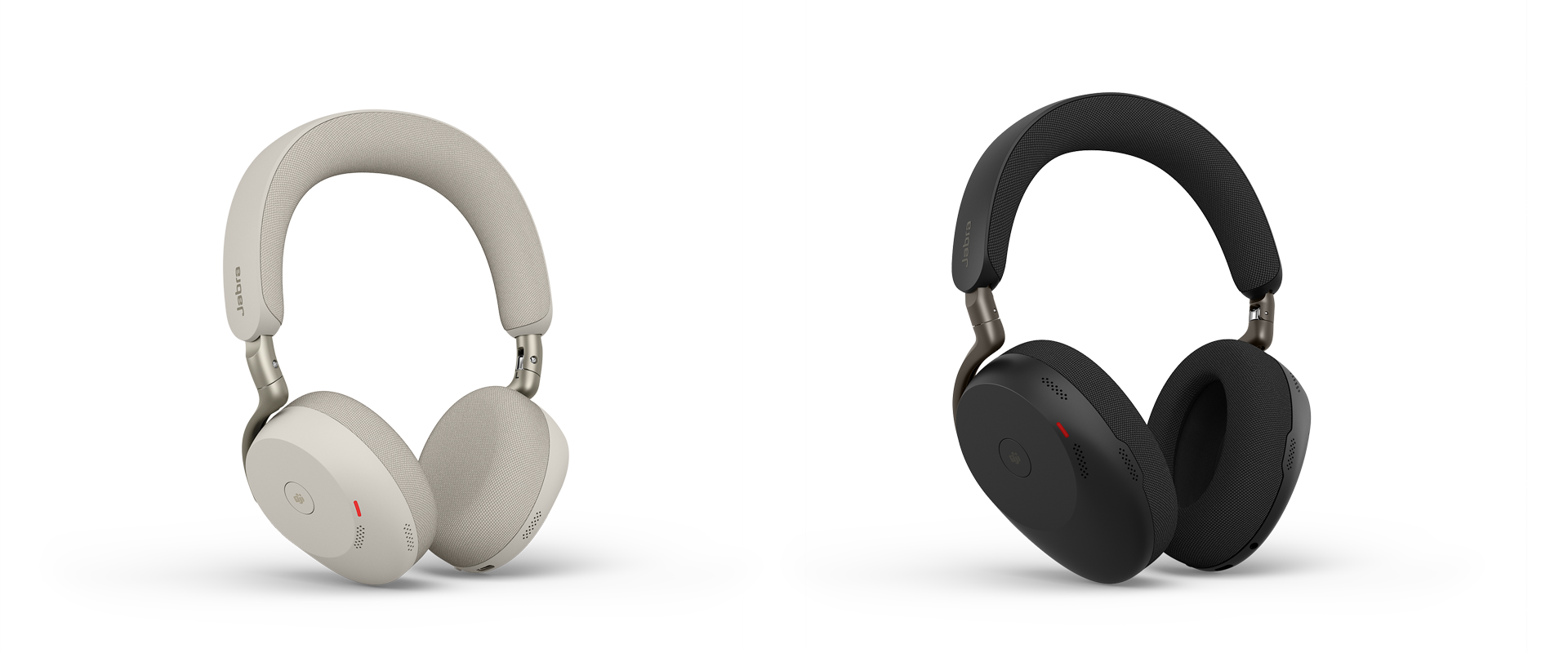 Jabra Evolve3 75 and Jabra Evolve3 85 wireless over-ear headsets in warm gray and black, featuring boomless design, adaptive ANC, and professional-grade hybrid work audio.