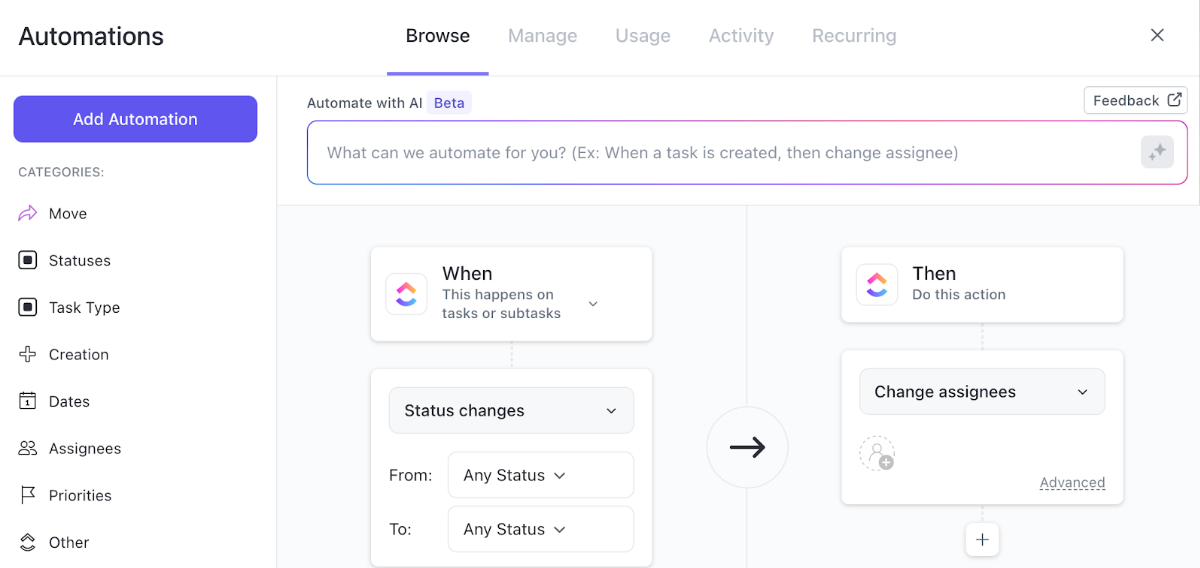 run-through of automations in ClickUp. Source: https://clickup.com/