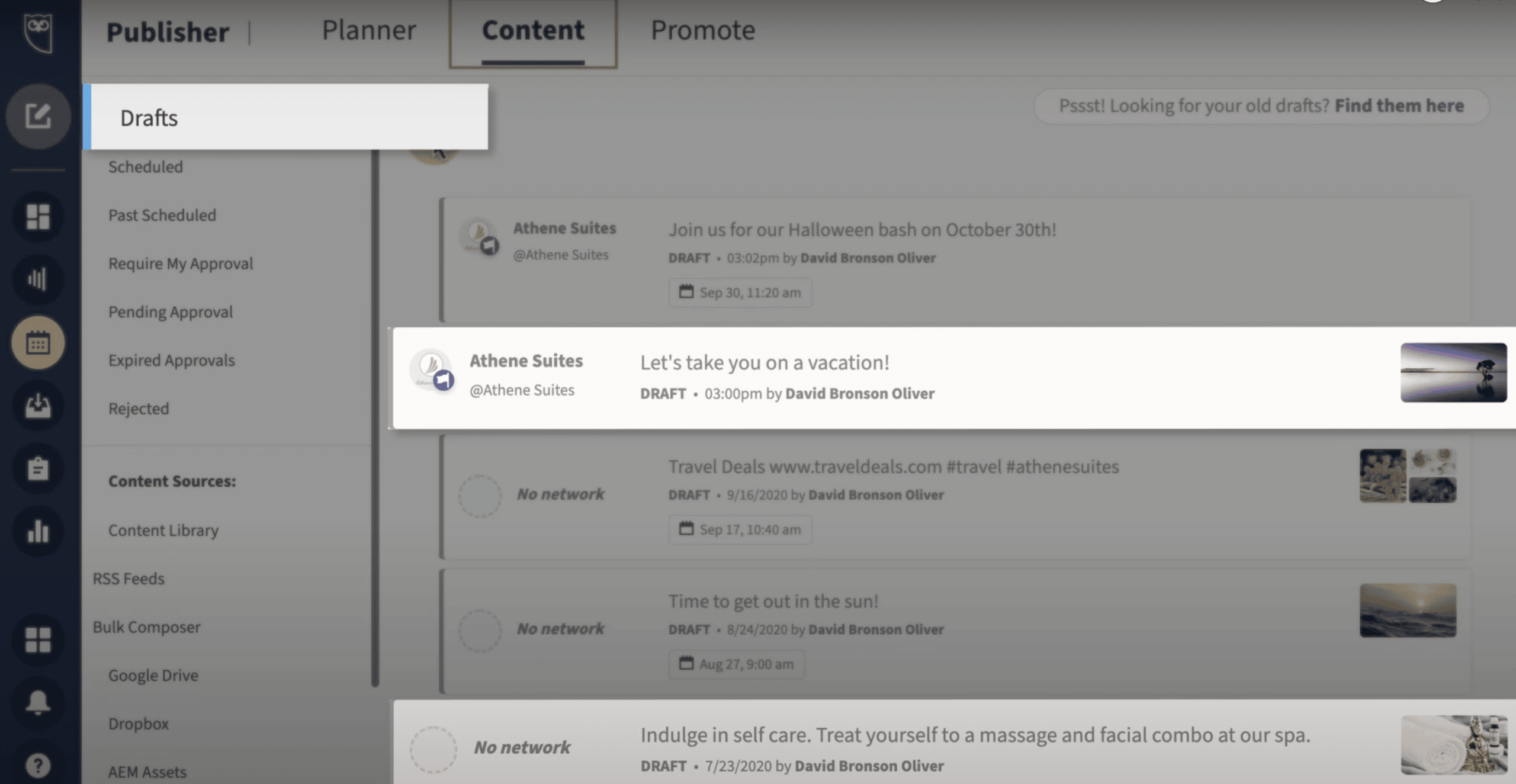 Dashboard showing the "Content" tab with a list of post drafts for Athene Suites. Source: https://blog.hootsuite.com/hootsuite-tips/ 