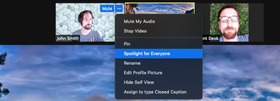 Zoom meeting interface showing a user selecting “Spotlight for Everyone” from a dropdown menu during a video call. Source: https://support.zoom.com/hc/en/article?id=zm_kb&sysparm_article=KB0066300