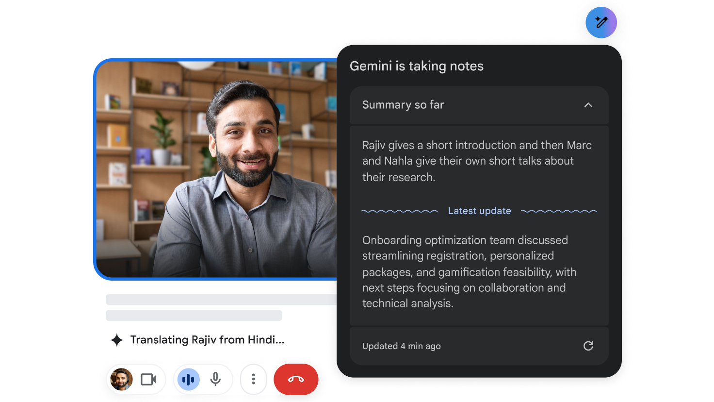 Man in a virtual meeting with Gemini AI translating his conversation. Source: https://workspace.google.com/products/meet/