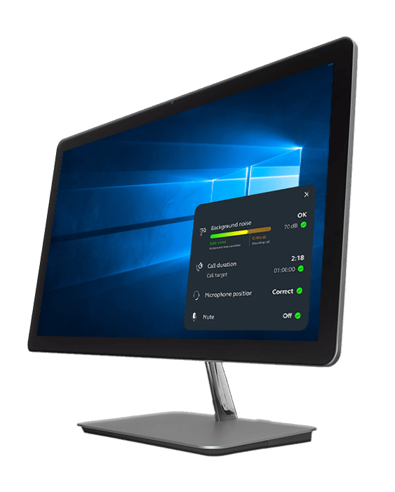 Widescreen desktop monitor on a metallic stand, showing the Windows desktop and a dark floating settings panel with call diagnostics—background noise OK, call duration 2:18, microphone position Correct, and Mute Off.