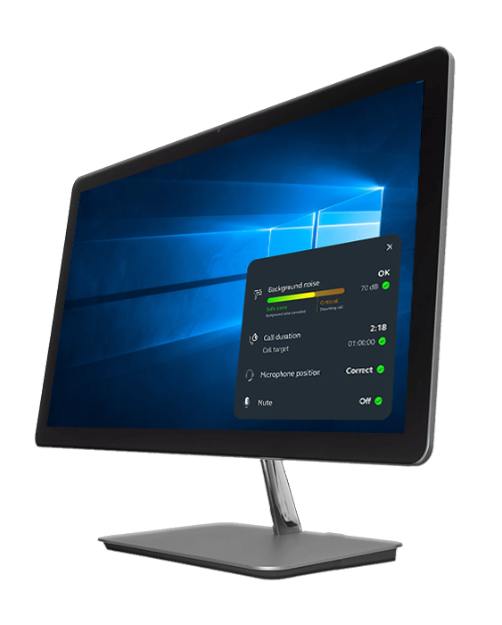 Widescreen desktop monitor on a metallic stand, showing the Windows desktop and a dark floating settings panel with call diagnostics—background noise OK, call duration 2:18, microphone position Correct, and Mute Off.
