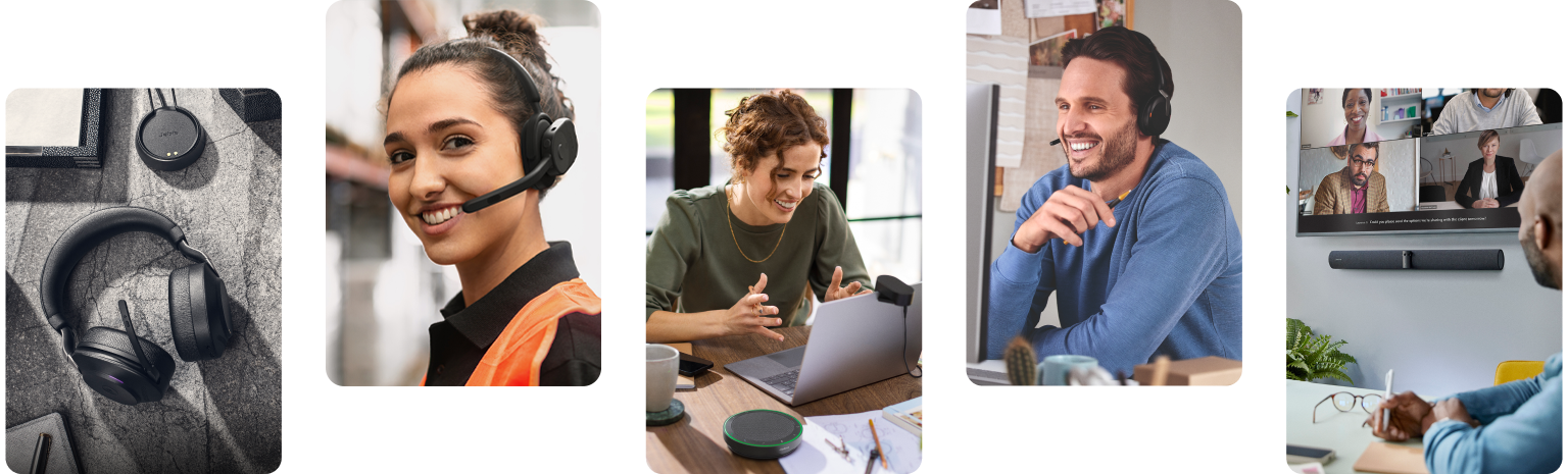 Jabra professional headsets and video conferencing solutions in use – wireless office headset on desk, workers wearing Jabra headsets in open and industrial workplaces, and teams collaborating over Jabra video conferencing devices in meeting rooms and hybrid work environments.