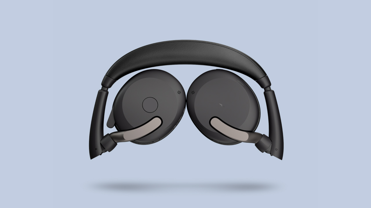 Folded Jabra Evolve2 65 Flex headset with compact design on a light background