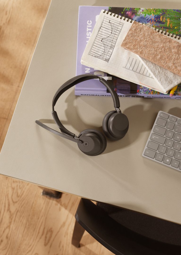 Jabra Evolve3 45 headset placed on a home office desk