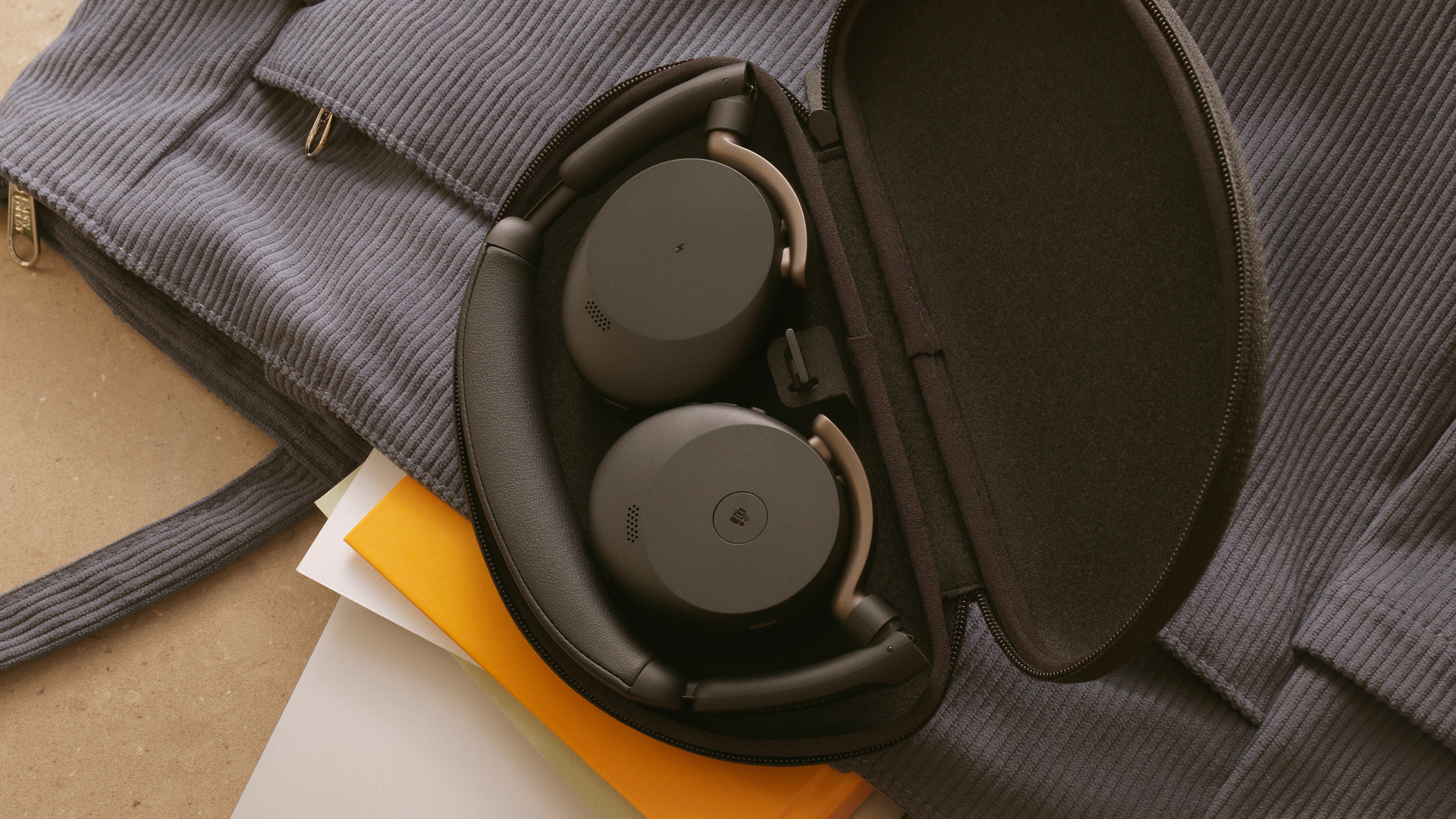 Jabra Evolve3 65 Flex headset stored in a carrying case