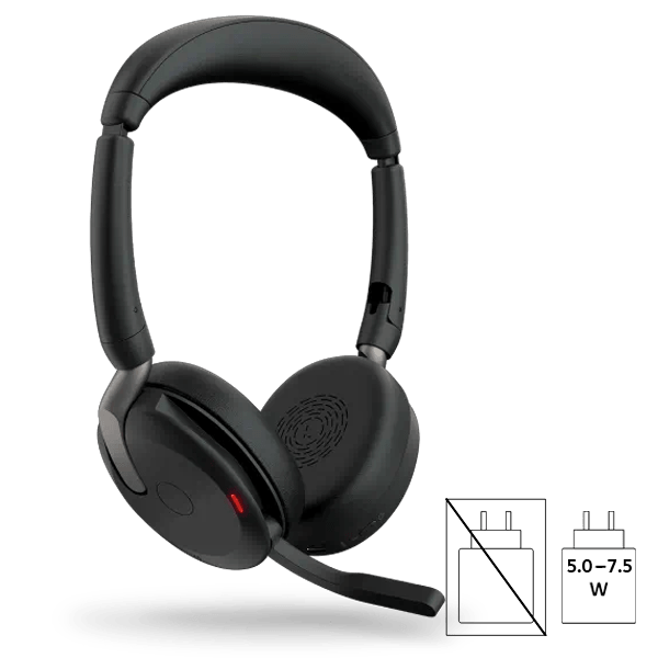Jabra Evolve2 65 headset with charging power note of 5-7.5 watts