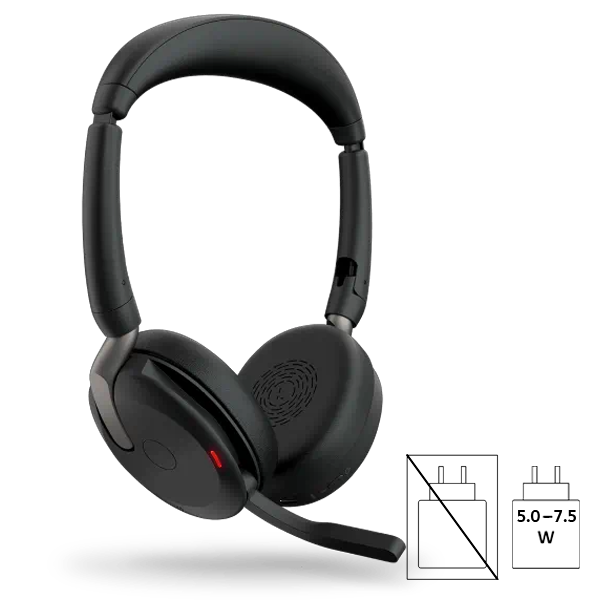 Jabra Evolve2 65 headset with charging power note of 5-7.5 watts